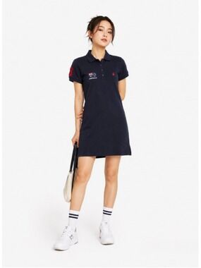Navy Cotton Polo Dress Beverly Hills Polo Club Red Logo AUS flag patch Women XL